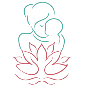 Minimal line-art illustration of a mother holding a child above a lotus flower, symbolizing nurturing, wellness, and compassionate care – trusted women’s health center
