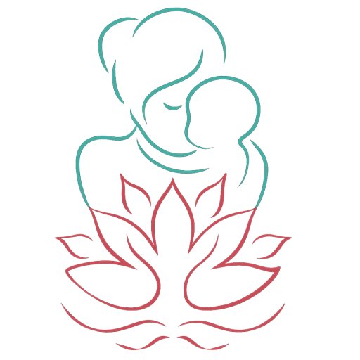 Minimal line-art illustration of a mother holding a child above a lotus flower, symbolizing nurturing, wellness, and compassionate care – trusted women’s health center